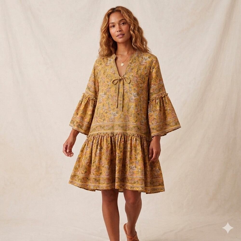 Boho Mustard Floral Art‎ Silk Mini Dress Bell Sleeve Tiered Peasant Hippie India